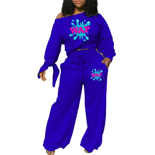 Casual Solid Color Printing Long sleeved Knotted Wide leg Pants Two piece Suit Blue - Shop at LoveMi