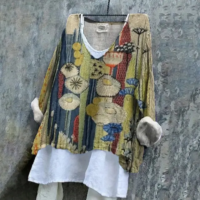Floral Linen Blend Long sleeve Top Beige - Shop at LoveMi