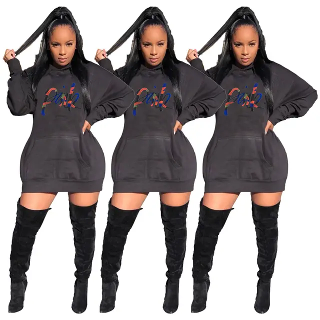 Casual Solid Color Embroidered Letter Bat Sleeve Hooded Dress Black - Shop at LoveMi