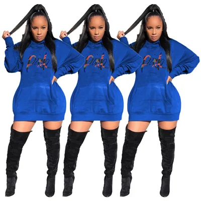 Casual Solid Color Embroidered Letter Bat Sleeve Hooded Dress Blue - Shop at LoveMi