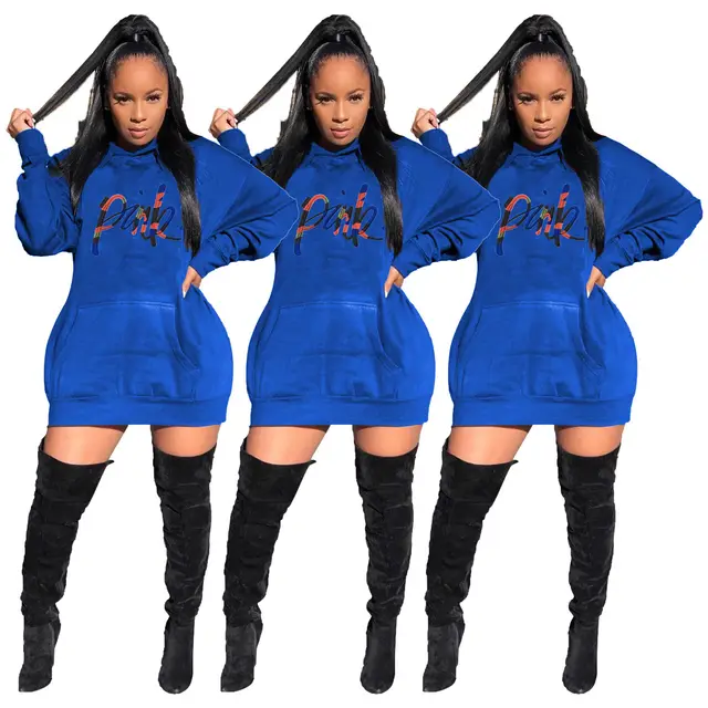 Casual Solid Color Embroidered Letter Bat Sleeve Hooded Dress Blue - Shop at LoveMi