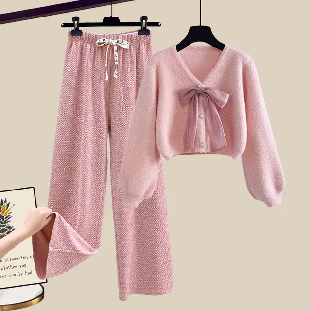 Soft Glutinous Bow Cardigan Sweater Wide leg Casual Pants Two piece Set Suit 1 - Shop at LoveMi