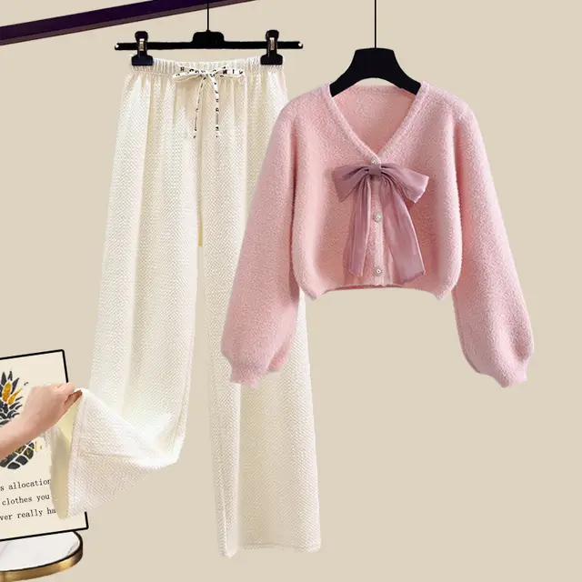 Soft Glutinous Bow Cardigan Sweater Wide leg Casual Pants Two piece Set Suit 2 - Shop at LoveMi