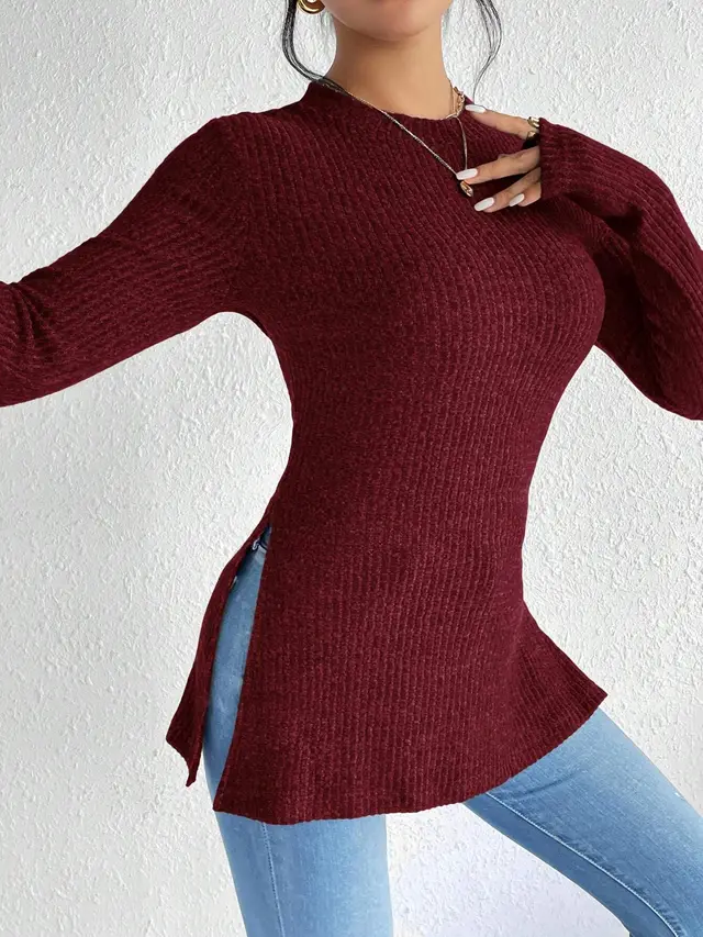 Slim fit Sunken Stripe Brushed Round Neck Hem Rib Knitted T shirt Dark Red - Shop at LoveMi