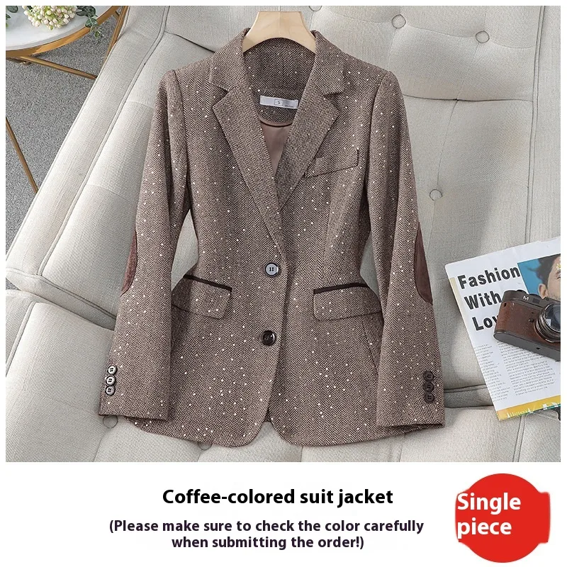 Women's Korean style Houndstooth Design Small Suit Jacket Coffee - Shop at LoveMi