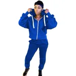 Women's Casual Solid Color Long-sleeved Trousers Two-piece Suit - Blue