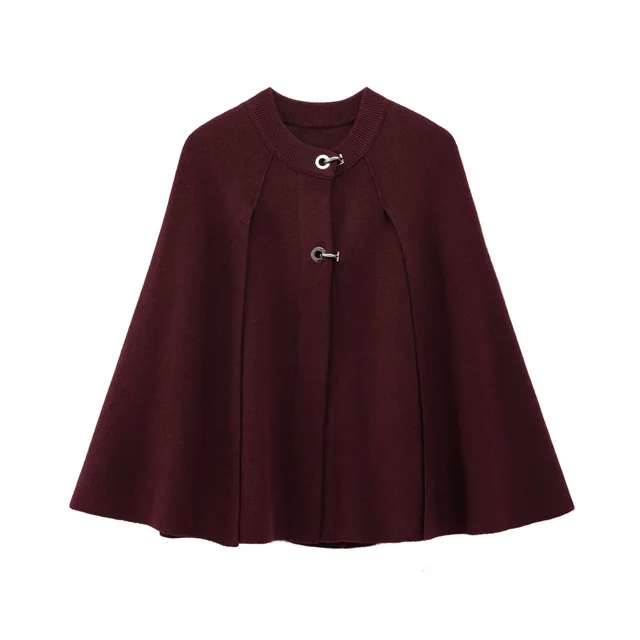 Cape Round Neck Long Sleeve Knitted Sweater Coat Wine Red - Shop at LoveMi