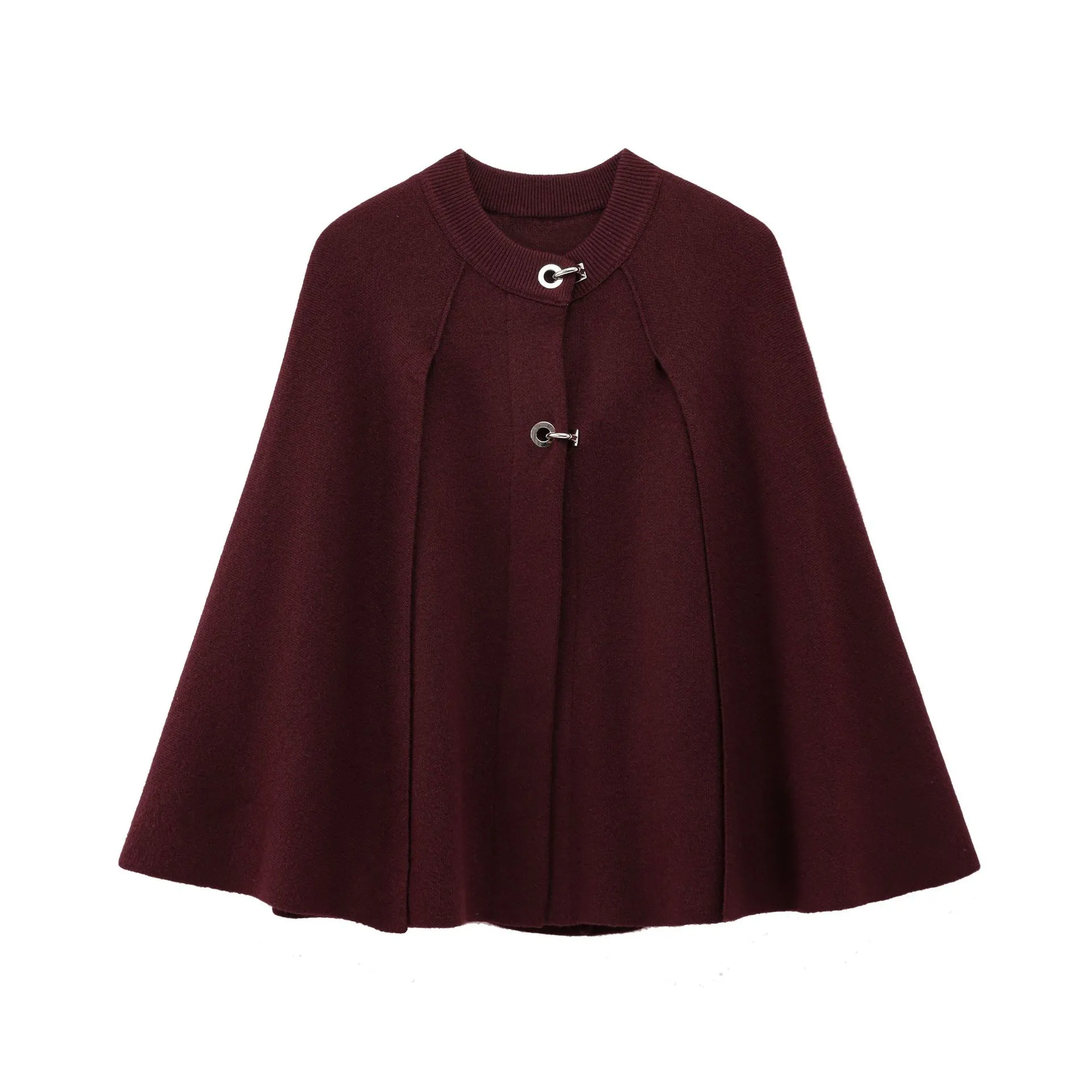 Cape Round Neck Long Sleeve Knitted Sweater Coat - Wine Red