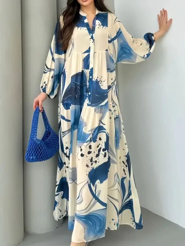 Loose Casual Long Sleeves Temperament V neck Dress Blue - Shop at LoveMi