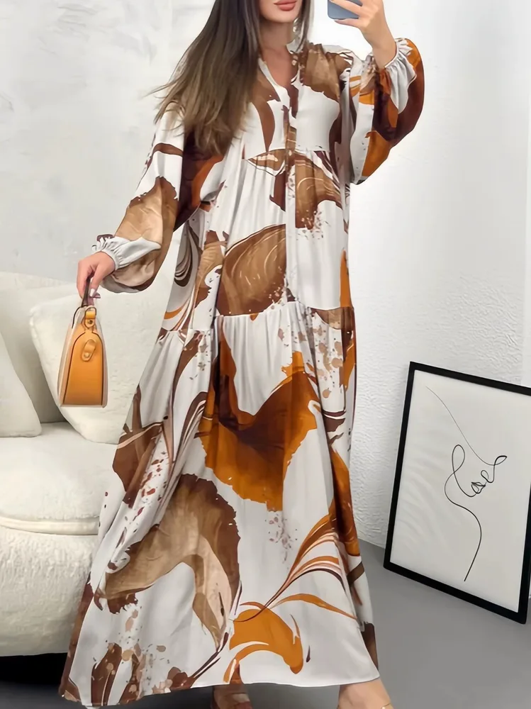 Loose Casual Long Sleeves Temperament V neck Dress Brown - Shop at LoveMi