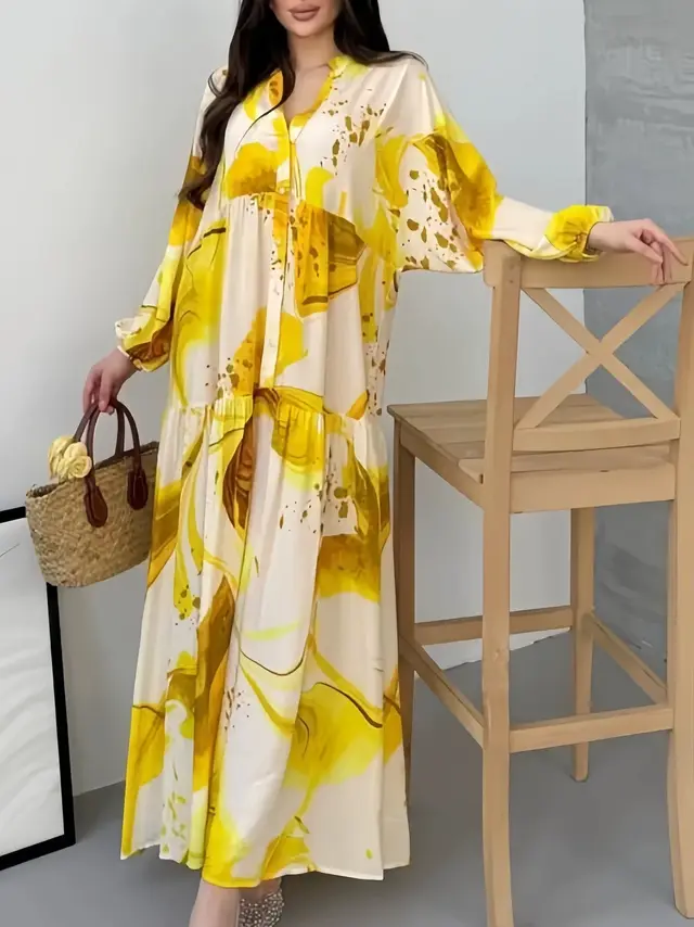 Loose Casual Long Sleeves Temperament V neck Dress Yellow - Shop at LoveMi