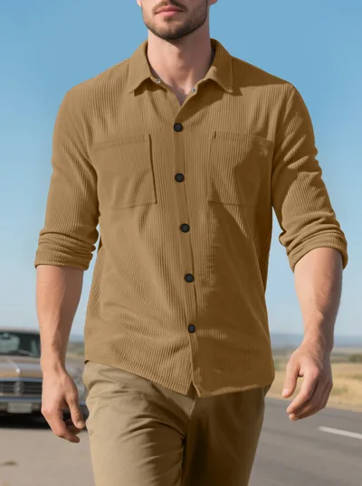 Casual Fashion Polo Collar Multi pocket Jacket Top Camel - Shop at LoveMi