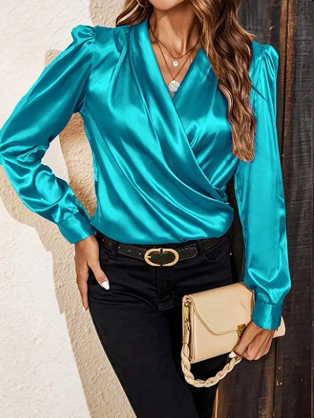 High grade Satin Artificial Silk Shirt Long Sleeve Top Peacock Blue - Shop at LoveMi
