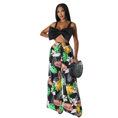 Women's Fashion Casual Pattern Printed Wide leg Pants Black - Shop at LoveMi
