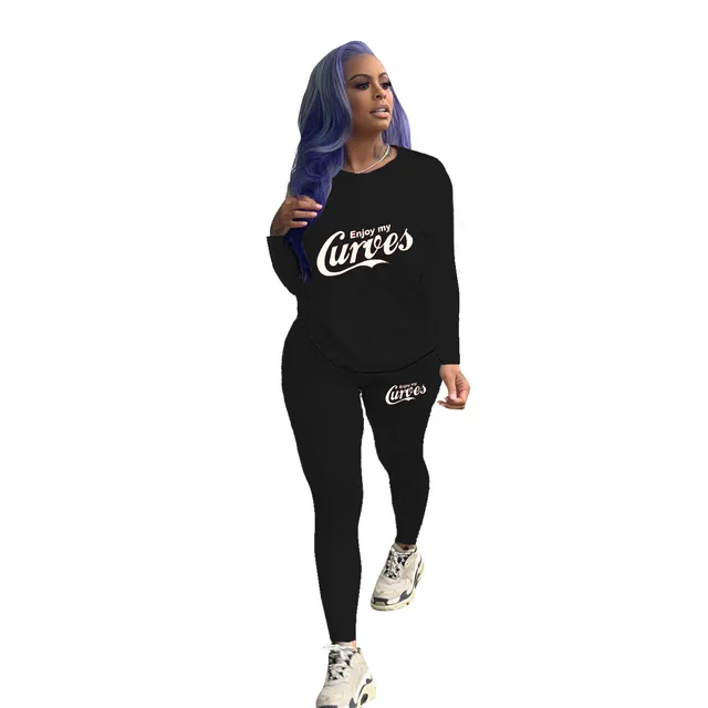 Women's Fashion Casual Solid Color Pattern Printed Long sleeved Trousers Two piece Set Black - Shop at LoveMi