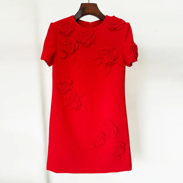New European And American Heavy Industry Three dimensional Flower Short Sleeve Dress Red - Shop at LoveMi