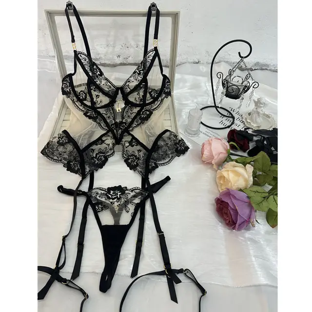 Mesh See through Thin Lace Three piece Set Black - Shop at LoveMi