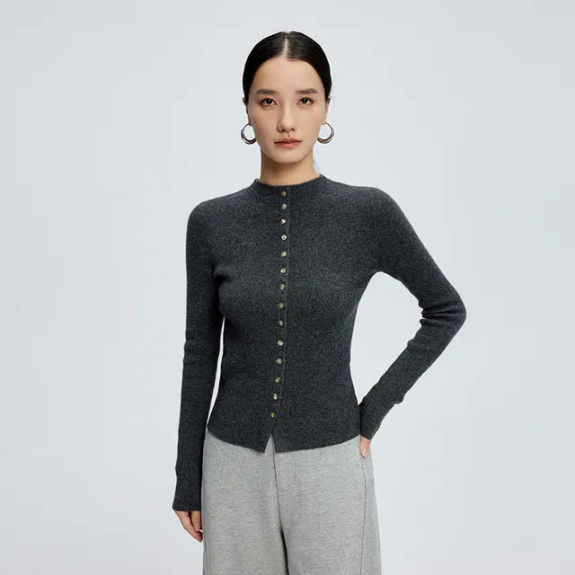Half high Collar Cashmere Cardigan Women's Slim fit Short Sweater Dark Gray - Shop at LoveMi