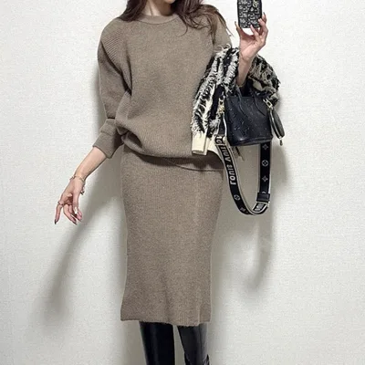 White Collar Thickness Knitted Two piece Thermal Base Bandage Dress Suit Camel Khaki - Shop at LoveMi