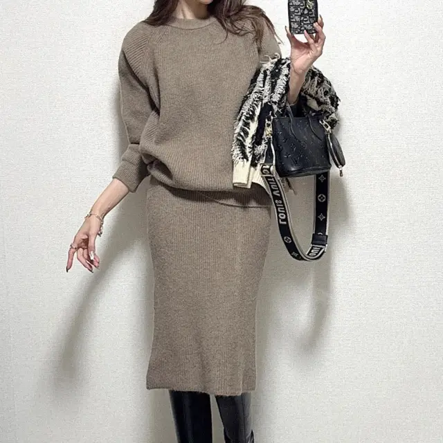 White Collar Thickness Knitted Two piece Thermal Base Bandage Dress Suit Camel Khaki - Shop at LoveMi