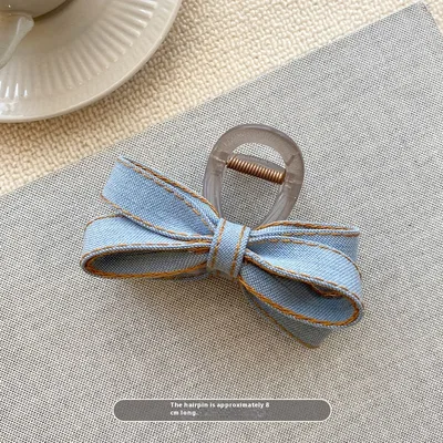 Back Head Blue Denim Bow Barrettes Metal Clip - Shop at LoveMi