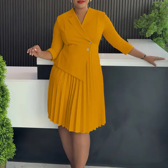 Plus Size Fashionable Elegant Pleated Dress Khaki - Shop at LoveMi