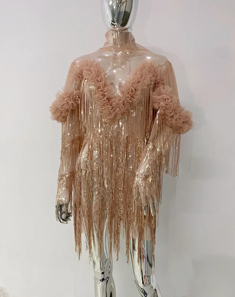 Gorgeous Heavy Industry Pleated Lace Sequins Tassel Sheer Mesh Dress - Champagne Pink