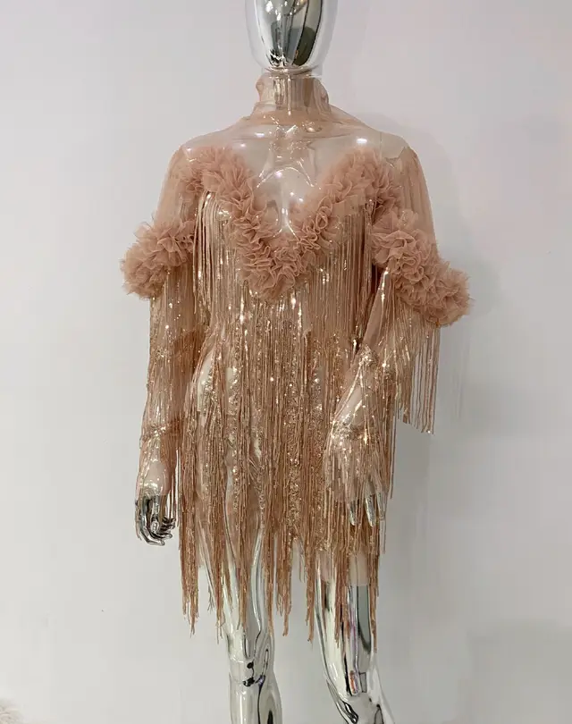 Gorgeous Heavy Industry Pleated Lace Sequins Tassel Sheer Mesh Dress Champagne Pink - Shop at LoveMi