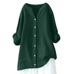 Women's Cotton And Linen Long Sleeve Button Shirt - Dark Green