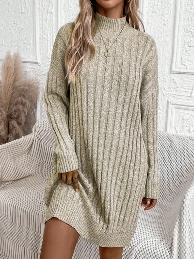 Turtleneck Long Sleeve Loose Knitted Dress Hip Bag Apricot Beige - Shop at LoveMi