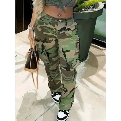 Plus Size Camouflage Jeans High Waist Multi pocket Straight leg Pants Camouflage - Shop at LoveMi