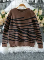 Zebra Print Round Neck Shoulder Button Long Sleeve Sweater - Coffee