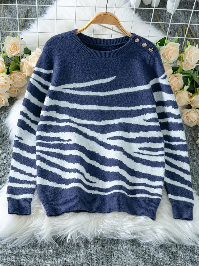Zebra Print Round Neck Shoulder Button Long Sleeve Sweater Navy Blue - Shop at LoveMi