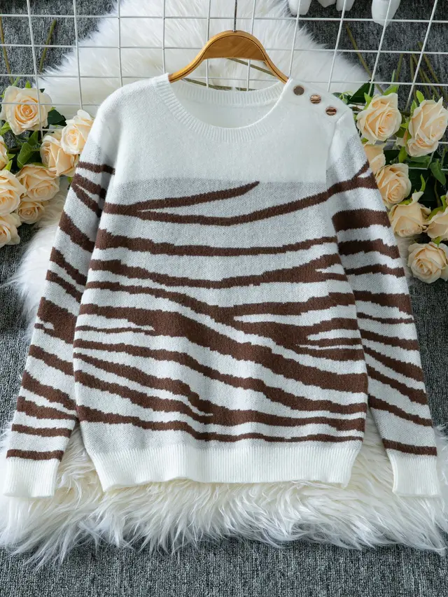 Zebra Print Round Neck Shoulder Button Long Sleeve Sweater White - Shop at LoveMi