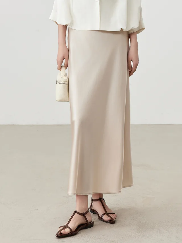 Women's Solid Color Silk Mid length Elastic Waist Skirt Champagne - Shop at LoveMi