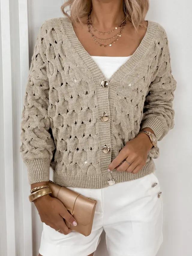 Hollow Artistic Retro V neck Long sleeved Coat For Women Khaki - Shop at LoveMi
