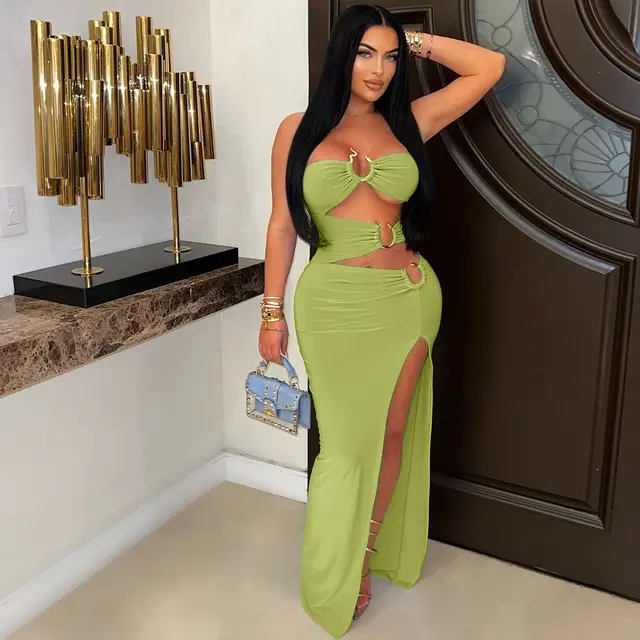 Women's Solid Color Hollow out Eyelet Stitching High Slit Hip Dress Green - Shop at LoveMi