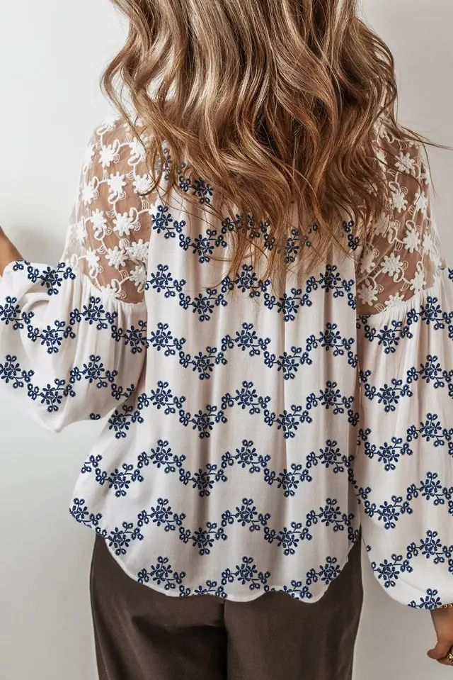 Blue Lace Patchwork Floral Bubble Sleeve V Split Neck Blouse Blue - Shop at LoveMi