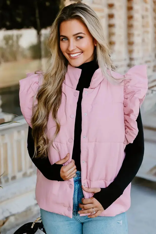 Stand Neck Flutter Sleeve Snap Button Puffer Vest Pink - Shop at LoveMi