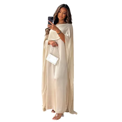 Round Neck Loose Big Hem Djellaba Chiffon Dress Women Beige - Shop at LoveMi