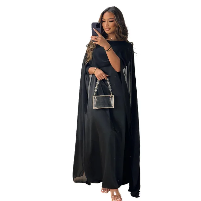 Round Neck Loose Big Hem Djellaba Chiffon Dress Women Black - Shop at LoveMi