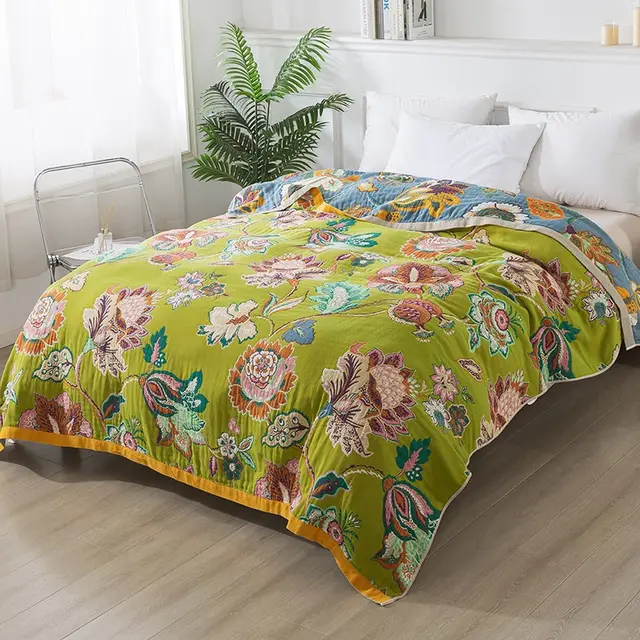 Layer Gauze Towel Blanket Pure Cotton Cover Blanket Household Covered Bed Sheet Summer Blanket Washable Flower Color Green - Shop at LoveMi