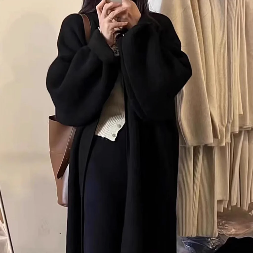 Design Solid Color Knitted Cardigan Coat Women - Black