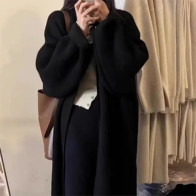 Design Solid Color Knitted Cardigan Coat Women Black - Shop at LoveMi