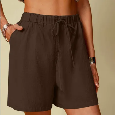 Women's Cotton Linen Pure Color Comfort Wide Leg Shorts Brown - Shop at LoveMi