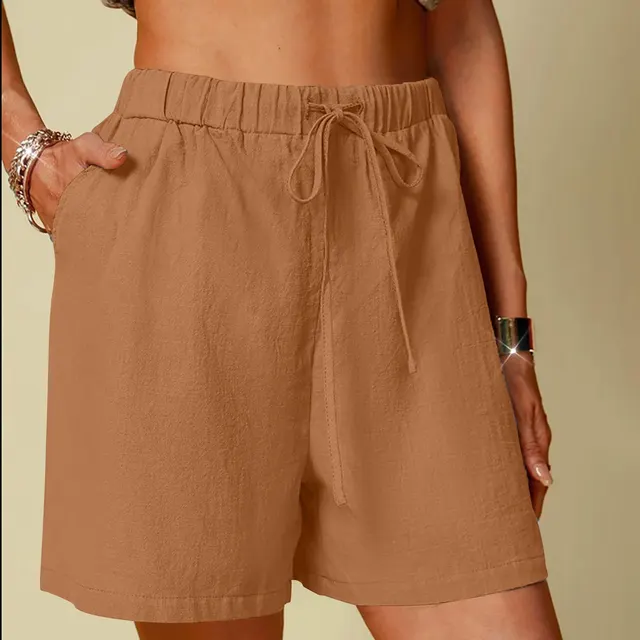 Women's Cotton Linen Pure Color Comfort Wide Leg Shorts Coffee - Shop at LoveMi