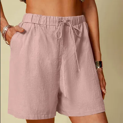 Women's Cotton Linen Pure Color Comfort Wide Leg Shorts Pink - Shop at LoveMi