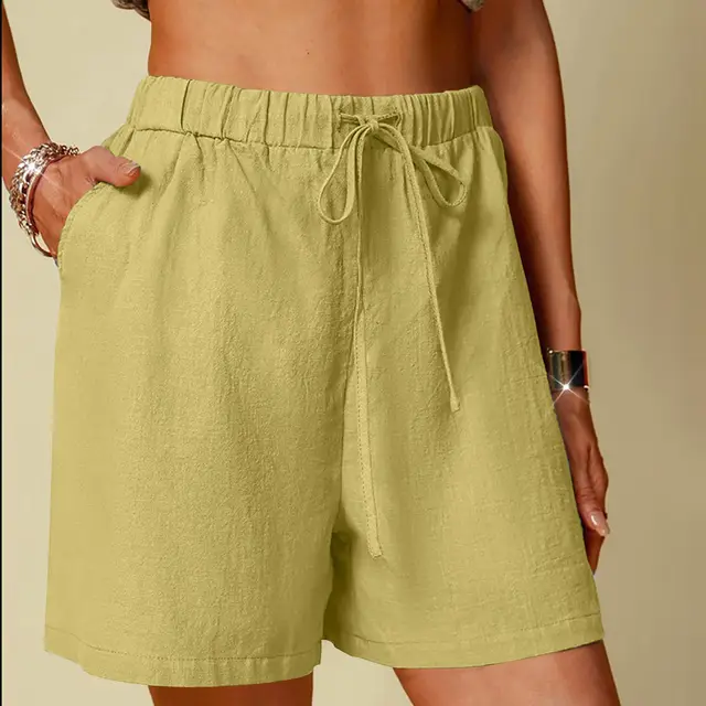 Women's Cotton Linen Pure Color Comfort Wide Leg Shorts Yellow - Shop at LoveMi