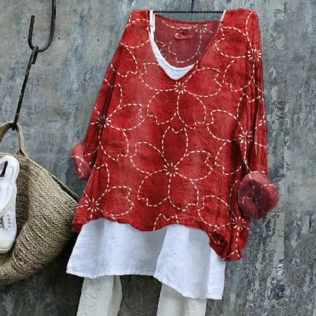 Women's Japanese Cherry Blossom Linen Blend Shirt Red - Shop at LoveMi