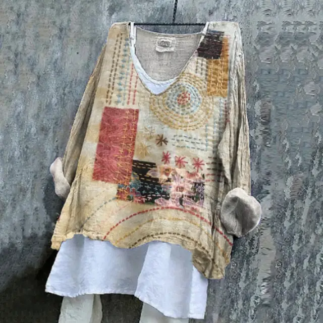 Women's Light Yellow Pattern Block Print Linen V neck T shirt Yellow - Shop at LoveMi